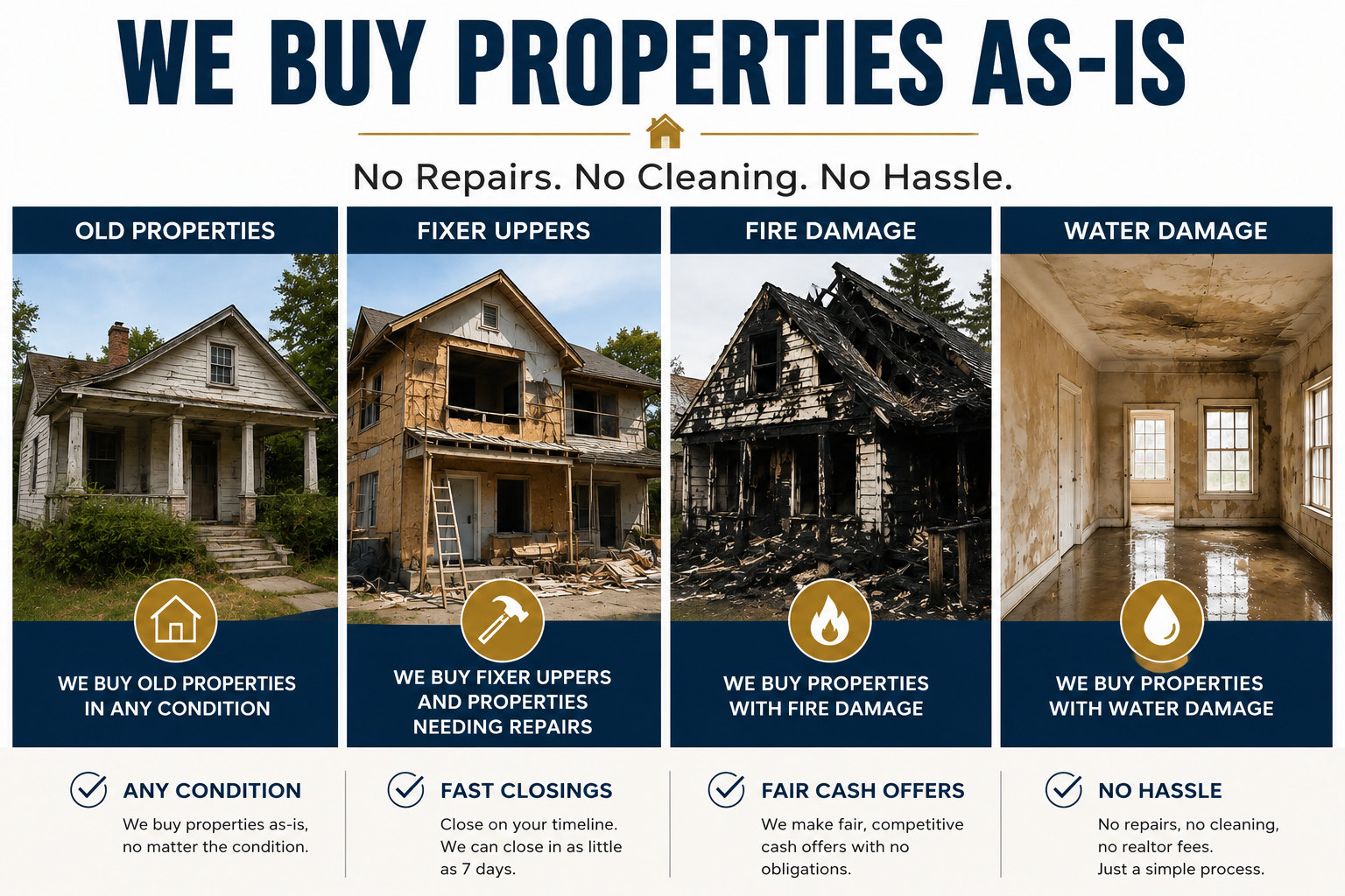 EZ Casa Buyer purchases properties as-is including fixer uppers, fire-damaged, water-damaged, and distressed properties.