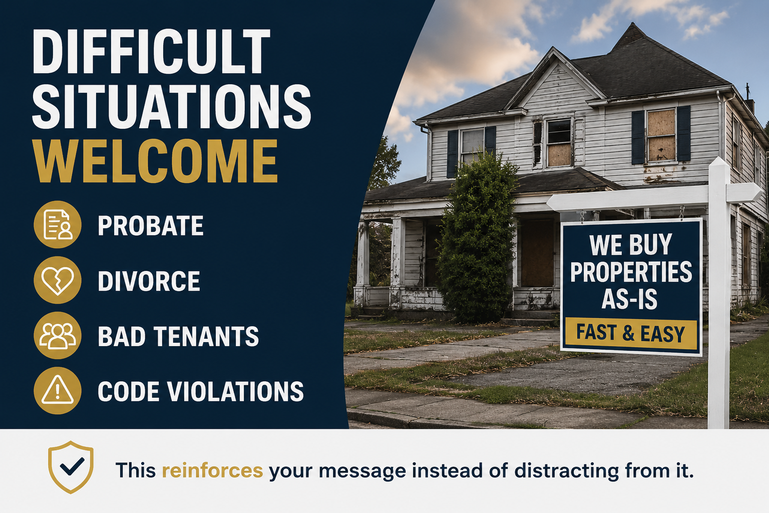 We buy properties in difficult situations including probate, divorce, bad tenants, and code violations.