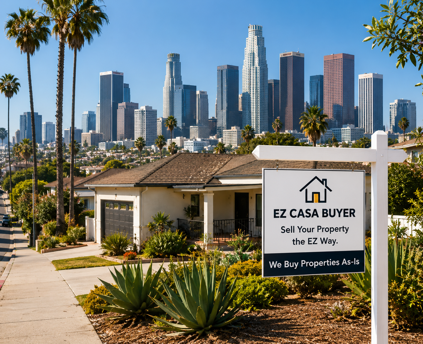 Los Angeles property with downtown skyline and EZ Casa Buyer sign promoting as-is property sales.