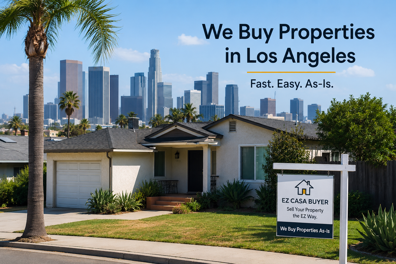 Los Angeles property with downtown skyline and EZ Casa Buyer sign offering to buy properties as-is.