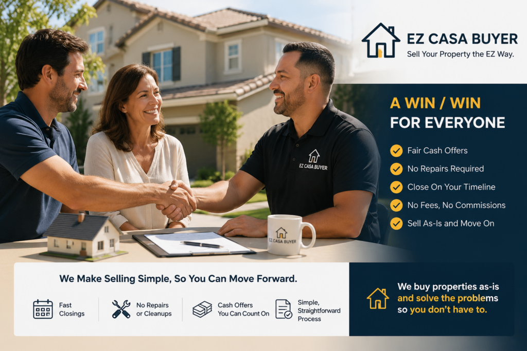 Happy property owners completing a win-win property sale with EZ Casa Buyer